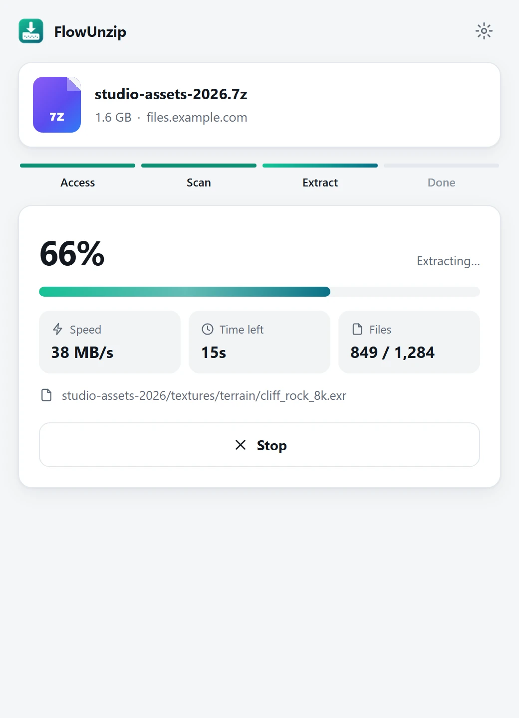 FlowUnzip extracting a 7z archive at 38 MB/s
